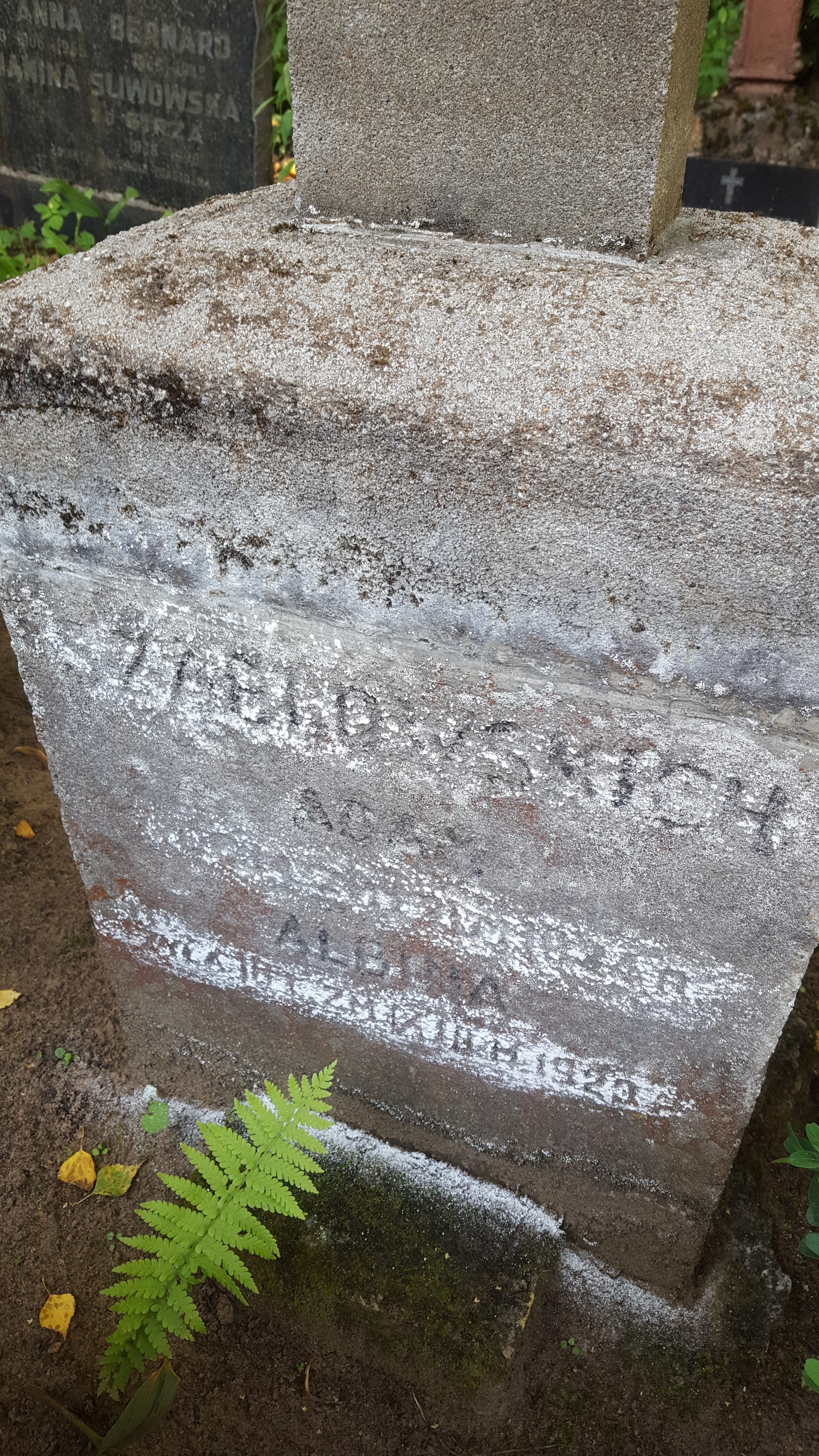 Napis z nagrobka Adama Szablowskiego i Albiny Szablowskiej, cmentarz św. Michała w Rydze, stan z 2021 r.
