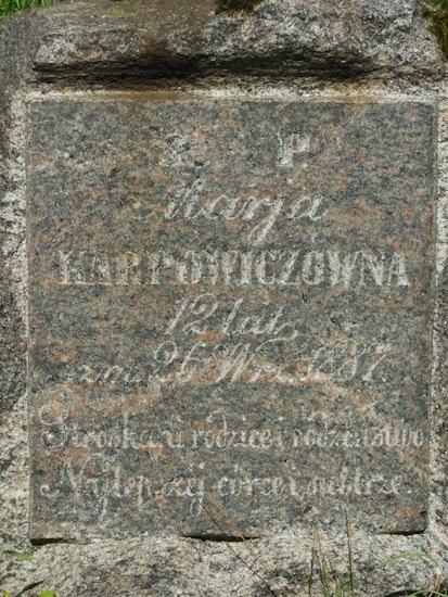 Inskrypcja nagrobka Marii Karpowicz, cmentarz Na Rossie w Wilnie, stan z 2013