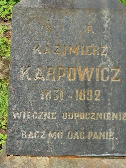 Inskrypcja nagrobka Kazimierza Karpowicza, cmentarz Na Rossie w Wilnie, stan z 2013