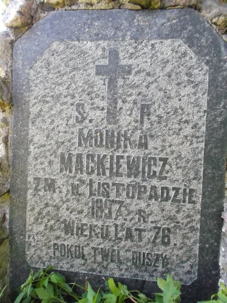 Inscription plaque from the gravestone of Monika Mackiewicz, Na Rossie cemetery in Vilnius, as of 2012