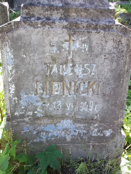 Inscription from the gravestone of Tadeusz Lipnicki, Na Rossie cemetery in Vilnius, as of 2012