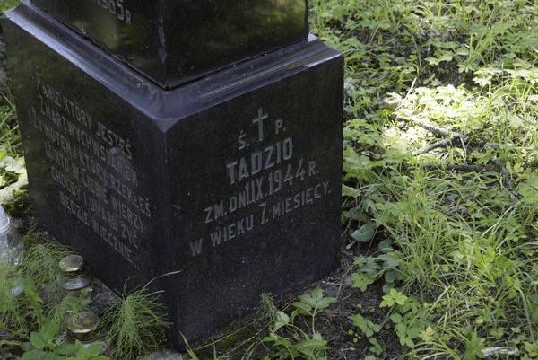 Inskrypcja na nagrobku Zofii, Tadeusza i Wacława Suchockich, cmentarz na Rossie w Wilnie, stan z 2013