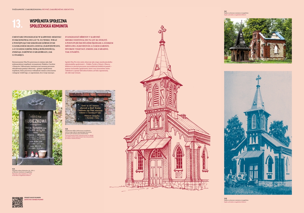 Illustration and photos of the Evangelical cemetery in Karviná. Includes a drawing of the chapel, a photo of the chapel in disrepair, a historical photo, and a tombstone with inscriptions.