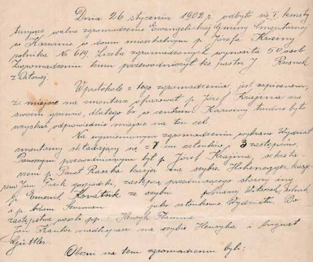 Fragment dokumentu z zebrania założycielskiego Ewangelickiej Gminy Cmentarnej w Karwinie z 1902 roku