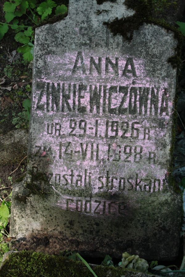 A fragment of Anna Zinkievich's tombstone, Na Rossie cemetery in Vilnius, state of 2013