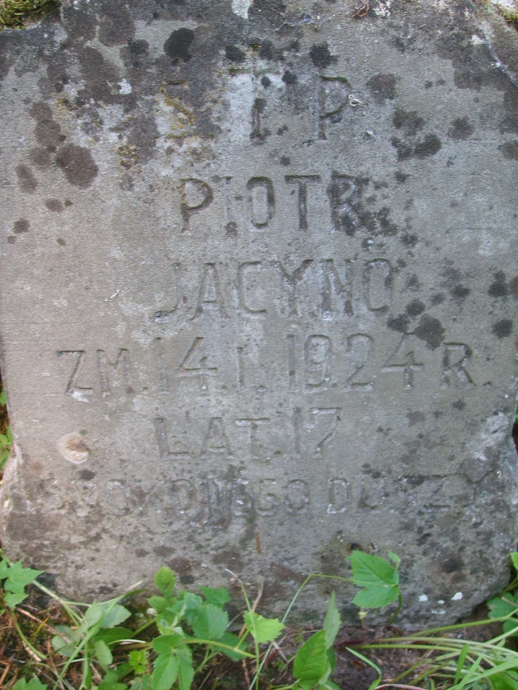 A fragment of the gravestone of Piotr Jacyno, Na Rossie cemetery in Vilnius, as of 2013