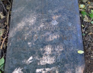 Polerowany nagrobek o ściętych krawędziach z wyrytym krzyżem i napisem dla Eleonory Kopotułowej. Otoczony opadłymi liśćmi.