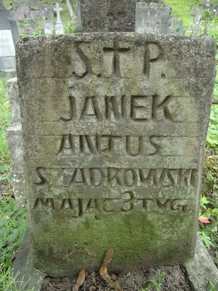 Fragment of Jan Antoni Szadkowski's gravestone from the Ross Cemetery in Vilnius, as of 2013.