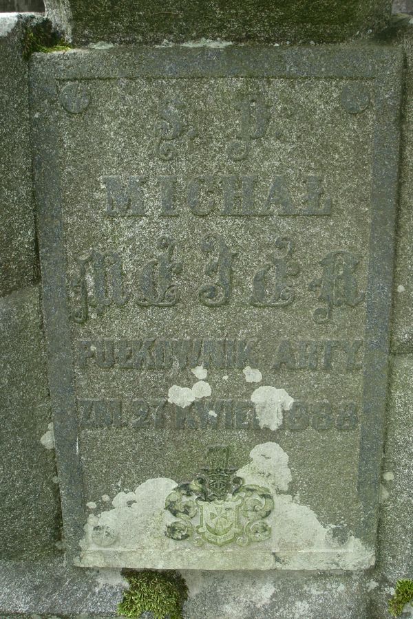 Inscription on the pedestal of the gravestone of Michał Mejer, Ross Cemetery in Vilnius, as of 2013