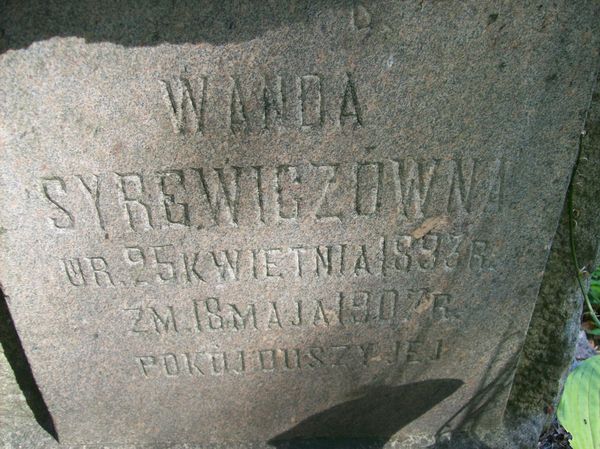 Inskrypcja nagrobka Wandy Syrewicz, cmentarz Na Rossie w Wilnie, stan z 2013