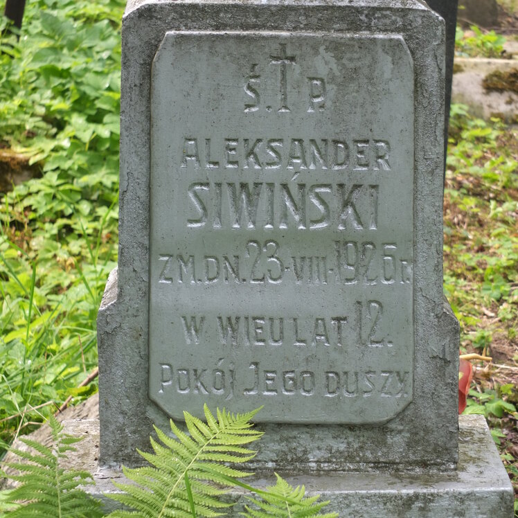 Fragment of a tombstone of Aleksander, Adolf and Antonina Siwiński, Na Rossie cemetery in Vilnius, as of 2013