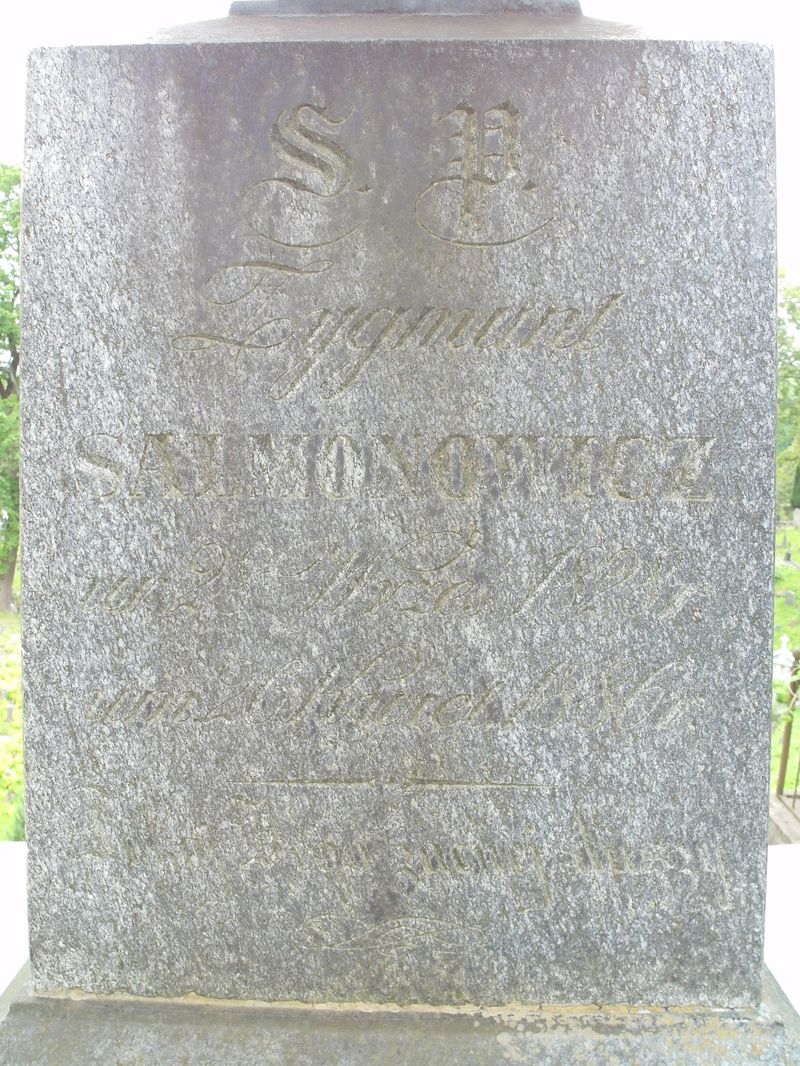 Inskrypcja nagrobka Zygmunta Salmonowicza, cmentarz Na Rossie w Wilnie, stan z 2015