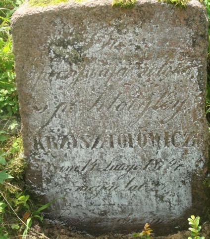Nagrobek Klotyldy Krzysztofowicz o nieregularnym kształcie, pokryty mchem. Na froncie widoczna inskrypcja ryta.