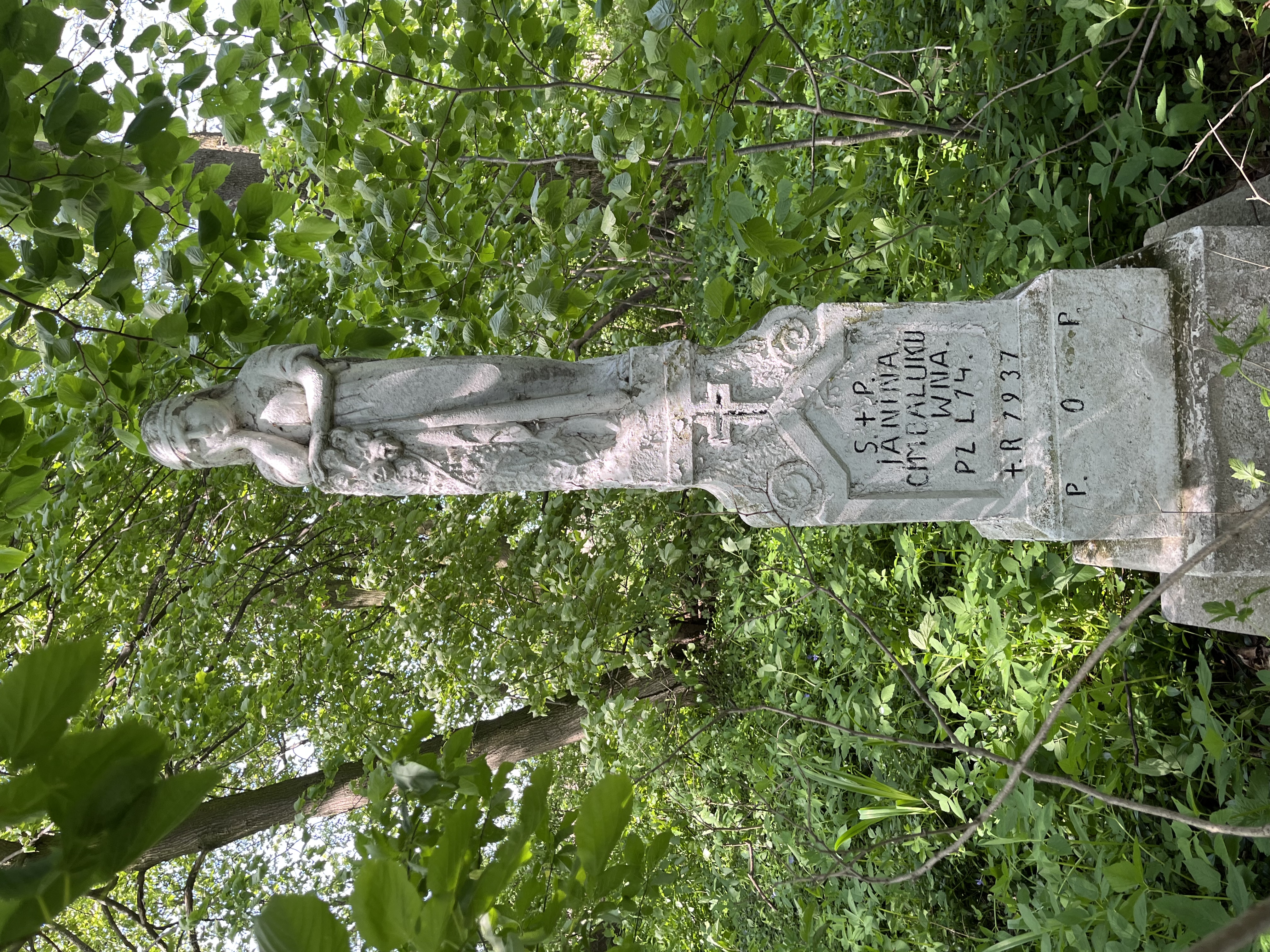 A Polish tombstone in Kościejów cemetery, surrounded by dense greenery. The stone features a carved figure of a woman with an inscription below.