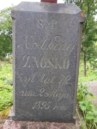 Inskrypcja nagrobka Andrzeja Znoski, cmentarz Na Rossie w Wilnie, stan z 2013