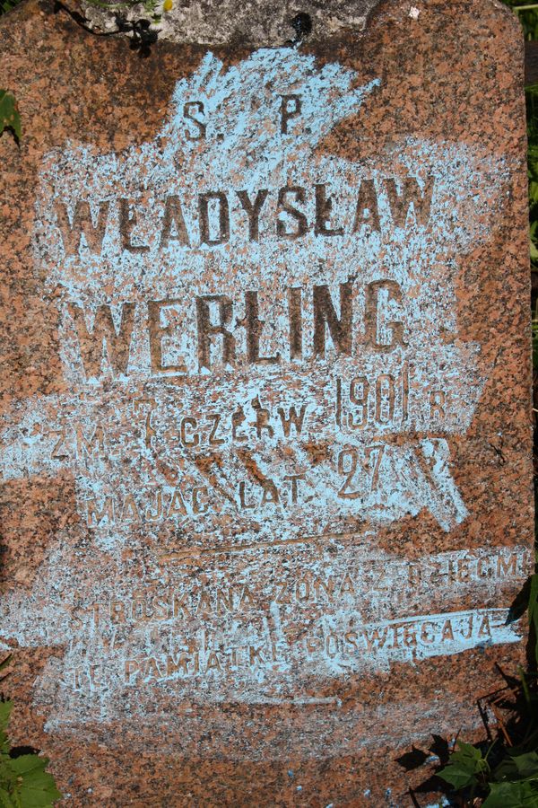Fragment nagrobka Władysława Werlinga, cmentarz na Rossie w Wilnie, stan z 2013