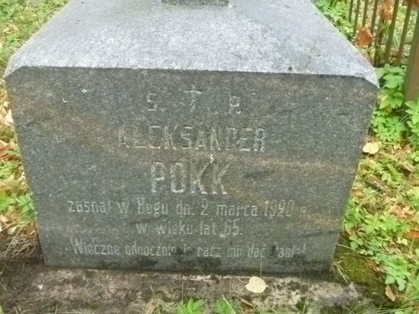 Gravestone inscription of Alexander Pok, Na Rossie cemetery in Vilnius, as of 2013