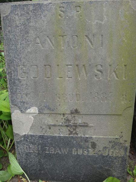 Inscription from the tombstone of Antoni Godlewski, Na Rossie cemetery in Vilnius, as of 2013.