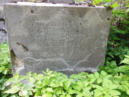Fragment of the gravestone of Agnes Gnizinska and Jan Miedzyunas, Rossa cemetery in Vilnius, as of 2013