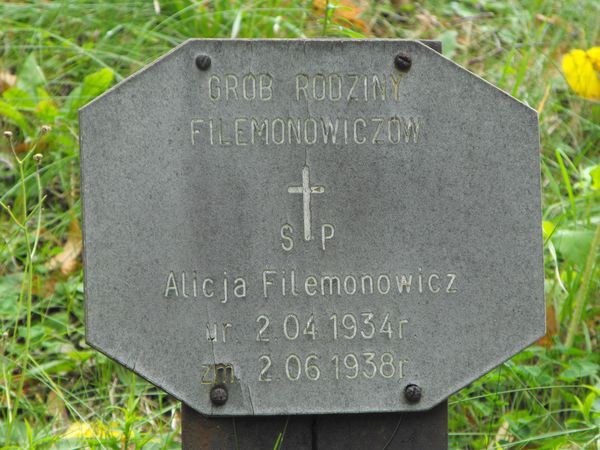 Inskrypcja nagrobka Alicji Filemonowicz, cmentarz Na Rossie w Wilnie, stan z 2013