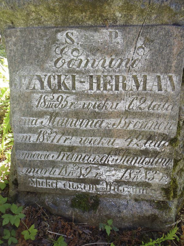 Inskrypcja na nagrobku Edmunda, Franciszka, Malwiny i Stanisława Iżyckich-Hermanów, cmentarz na Rossie w Wilnie, stan z 2013