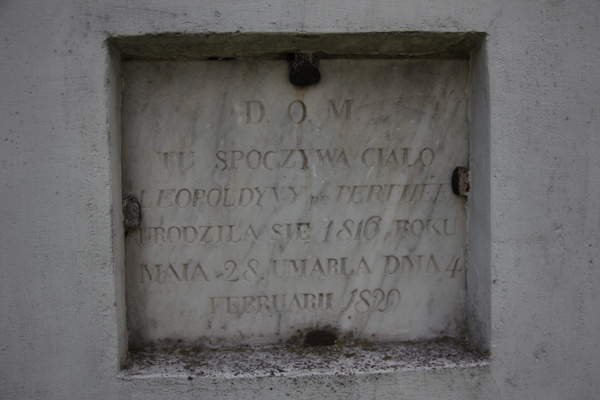 Fragment of the gravestone of Joseph and Leopoldine de Perthees, Ross Cemetery, Vilnius, as of 2013