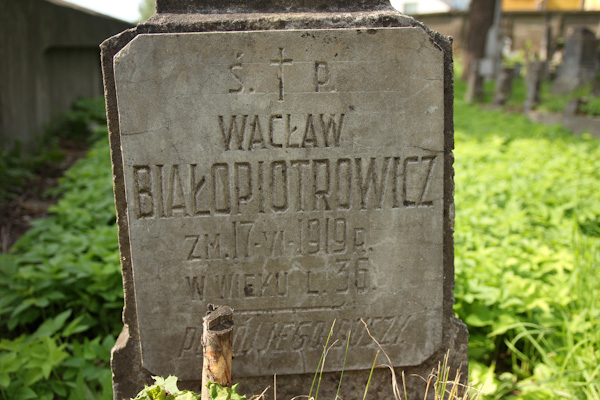 Fragment nagrobka Wacława Białopiotrowicza, cmentarz na Rossie w Wilnie, stan z 2013