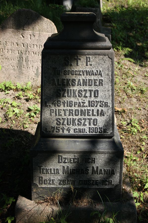 Tombstone of Alexander, Mania, Michael, Petronela and Tekla Shukszto, Na Rossa cemetery in Vilnius, state of 2013
