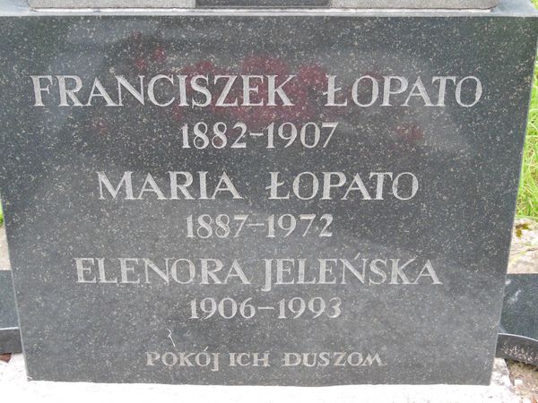 Inskrypcja nagrobka Franciszka i Marii Łopatów, Eleonory Jeleńskiej, cmentarz Na Rossie w Wilnie, stan z 2013