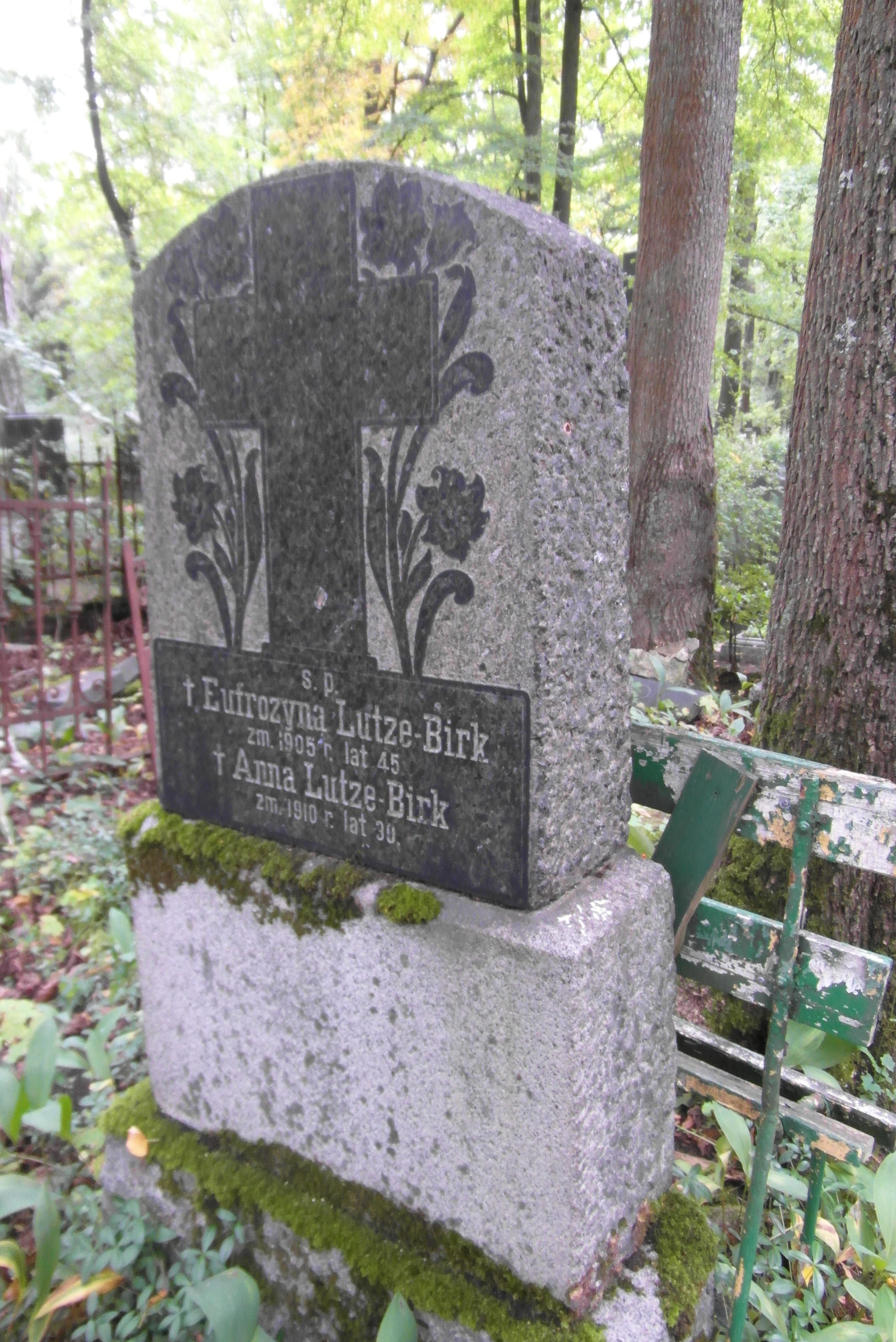 Tombstone of Euphrosinia Lutze-Birk, Anna Lutze-Birk, St Michael's cemetery in Riga, as of 2021.