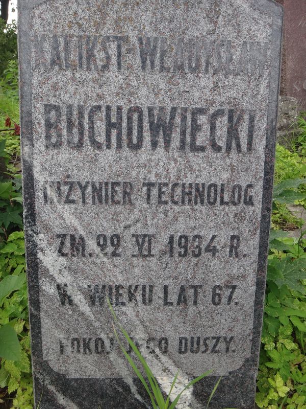 Inskrypcja z nagrobka Kaliksta Władysława Buchowieckiego, cmentarz Na Rossie w Wilnie, stan z 2013 r.