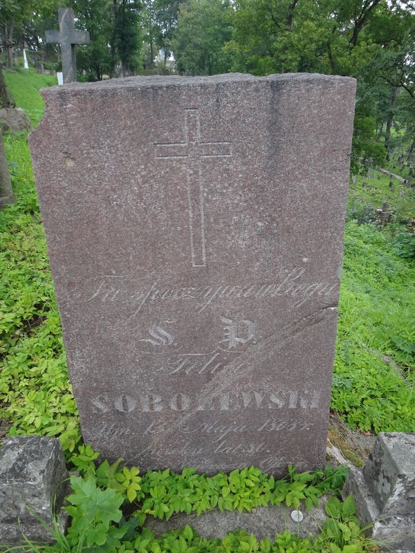 Inskrypcja z nagrobka  Felixa Sobolewskiego, cmentarz Na Rossie w Wilnie, stan z 2013 r.