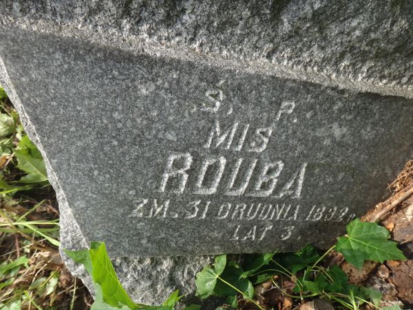 Fragment of the tombstone of Donat and Konstancja Kowzan and Michal Rouba, Na Rossie cemetery in Vilnius, as of 2013.