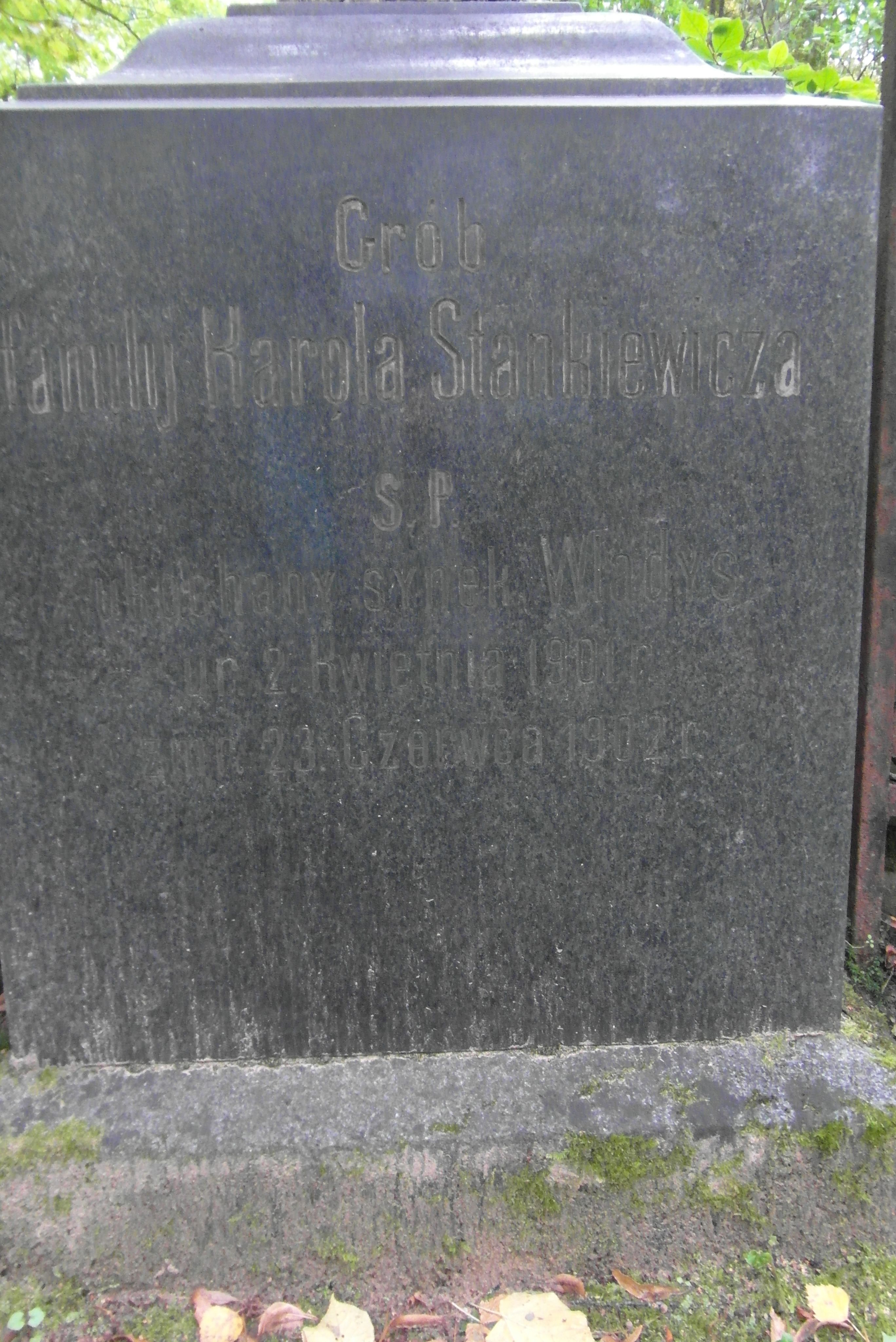 Inscription from the gravestone of Wladyslaw Stankiewicz, Karol Stankiewicz, St Michael's cemetery in Riga, as of 2021.
