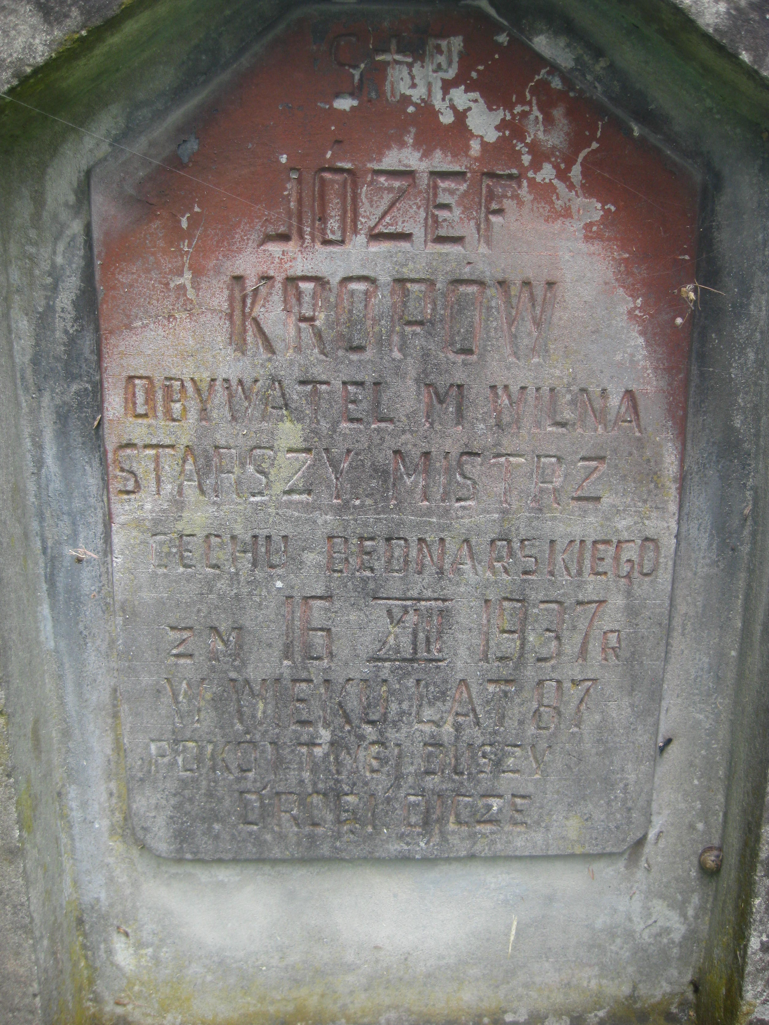 Fragment of the gravestone of Jozef Krops, Na Rossa cemetery in Vilnius, as of 2013.