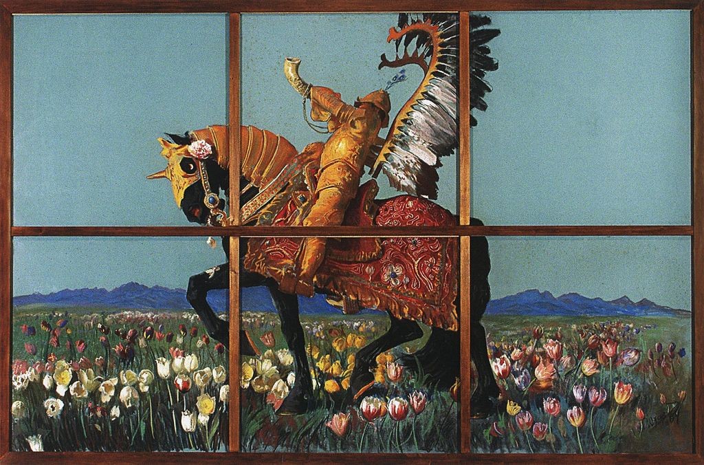 Leon Wyczółkowski, „Rycerz wśród kwiatów”, pastel na kartonie, 1904, 176 x 300 cm, Biblioteka Polska, Paryż