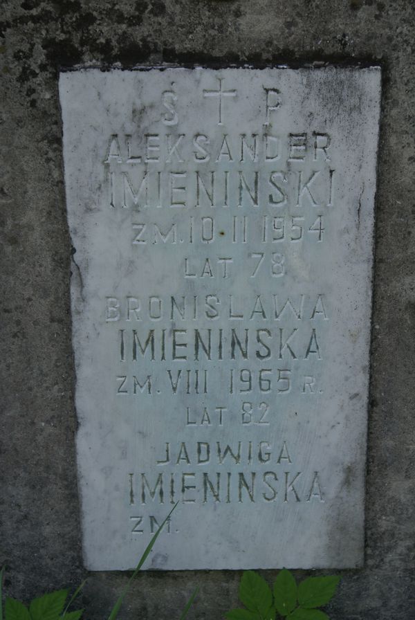 Fragment of a tombstone of Aleksander, Bronislaw and Jadwiga Imieniński, Rossa cemetery in Vilnius, as of 2013