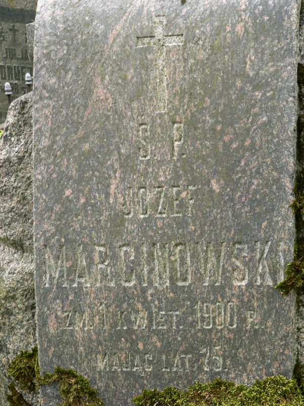 Fragment of the gravestone of Jozef Marcinowski, Na Rossie cemetery in Vilnius, as of 2013.