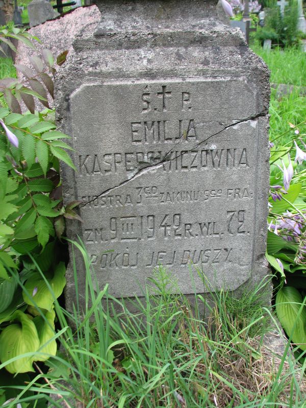 Fragment nagrobka Emilii Kasperowicz, cmentarz na Rossie, stan z 2013 roku