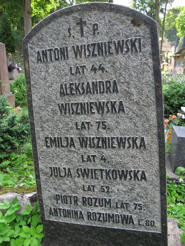 A fragment of the tombstone of Antonina and Piotr Rozum, Julia Sviatkowska and the Vishnevsky family, Rossa cemetery in Vilnius, as of 2013
