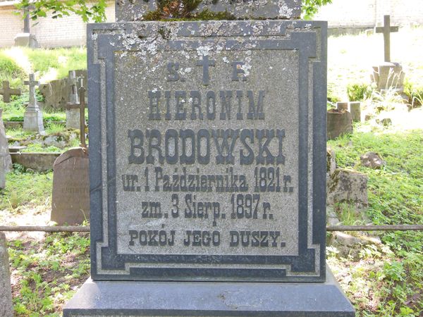 Fragment of the tombstone of Hieronim Brodowski, Na Rossie cemetery in Vilnius, as of 2013.