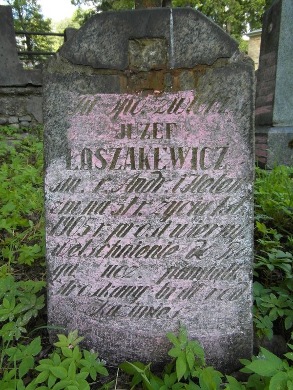 Fragment of the gravestone of Jozef Laszakiewicz, Rossa cemetery in Vilnius, as of 2014