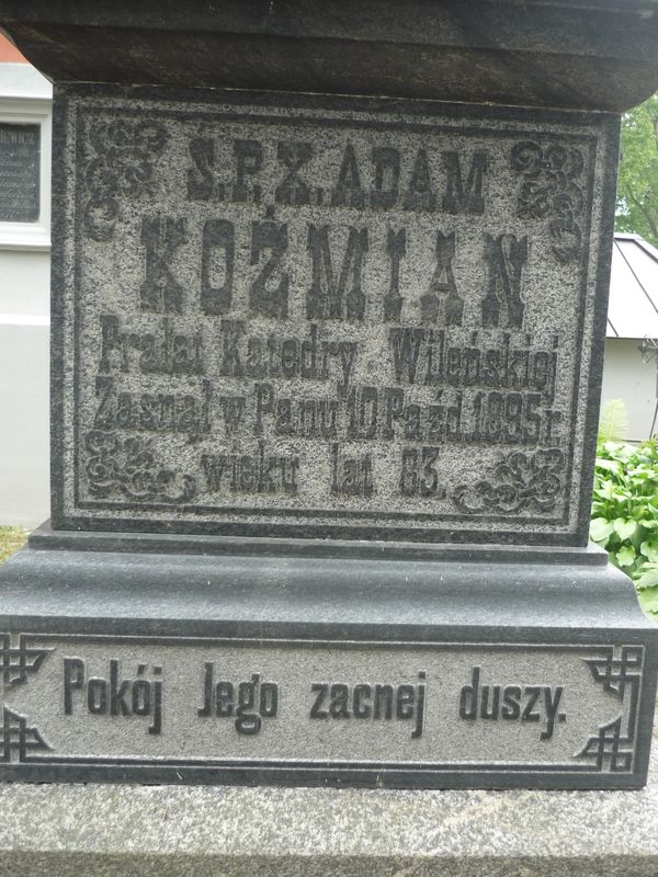 Fragment of Adam Koźmian's tombstone, Na Rossie cemetery in Vilnius, as of 2013.
