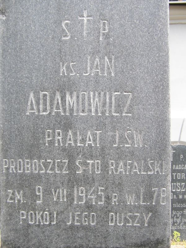 Fragment of Jan Adamowicz's tombstone, Na Rossa cemetery in Vilnius, as of 2013.
