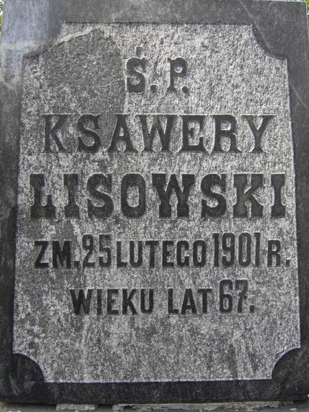 Fragment of Ksawery Lisowski's tombstone, Ross Cemetery in Vilnius, as of 2013.