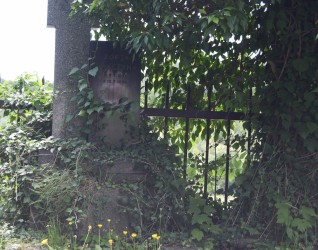 Nagrobek Zofii Swaczyny z krzyżem na cokole, otoczony zielenią i bluszczem. Podstawa ma wgłębienie, prawdopodobnie na rośliny. Grób otoczony kamienną opaską.