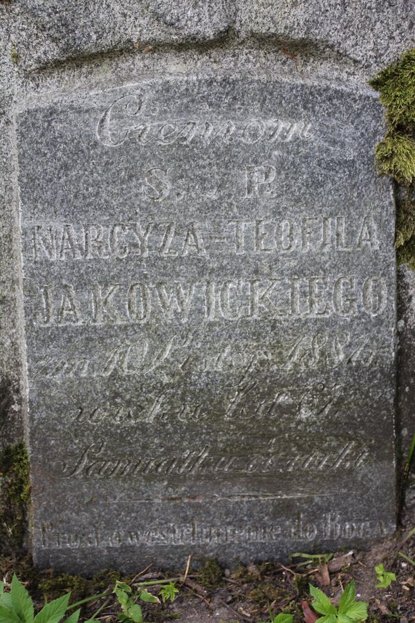 Inskrypcja nagrobka Narcyza Jakowickiego, cmentarz Na Rossie w Wilnie, stan z 2013