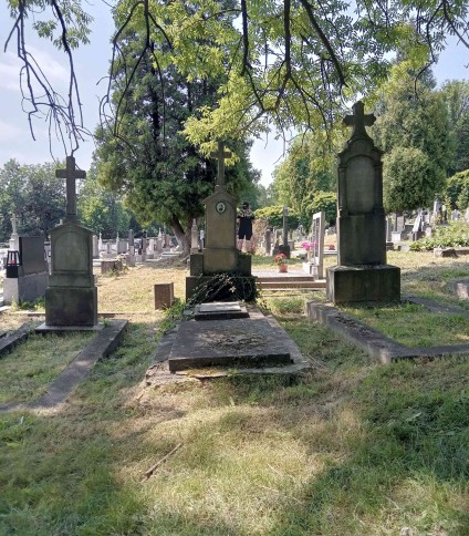 Grób oznaczony krzyżem na dwustopniowym cokole i podstawie, z tablicą inskrypcyjną i pozostałościami krucyfiksu. Otoczony drzewami i innymi grobami na cmentarzu.