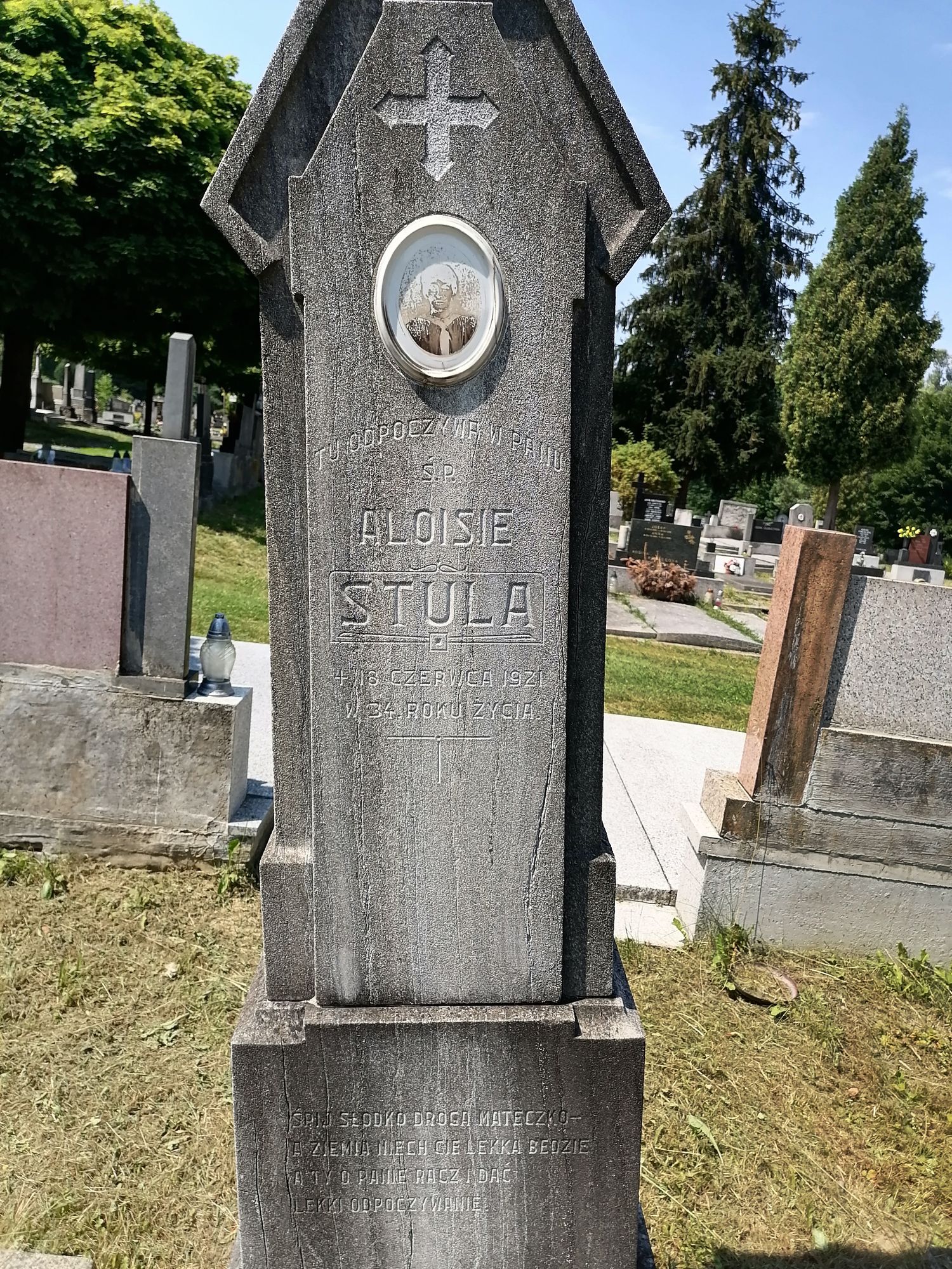 Tombstone of Alois Stula, Karviná Důl cemetery, state 2022
