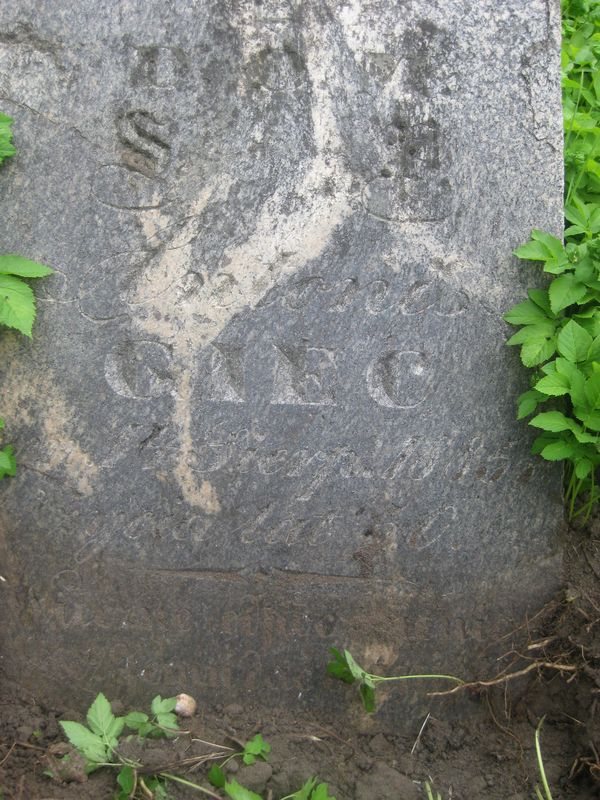 A fragment of Antoni Giec's tombstone, Ross Cemetery in Vilnius, state of 2013